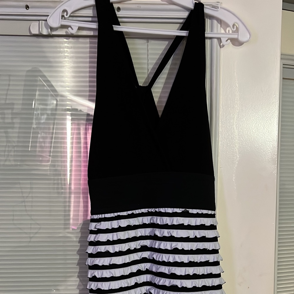 black & white open shoulder dress
